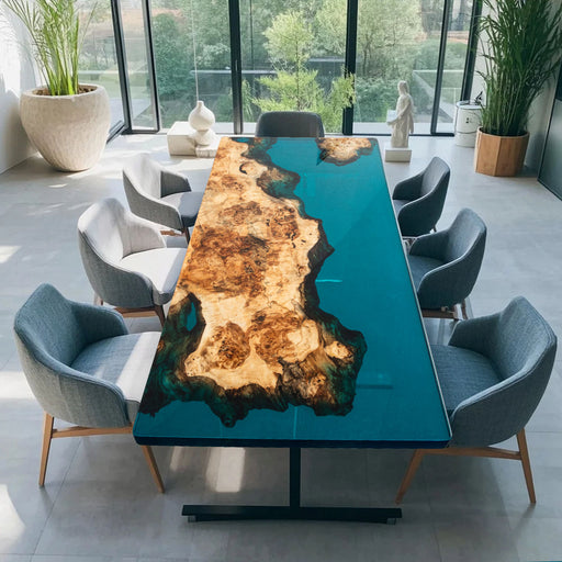 Handmade burl wood epoxy resin table for executive office decor