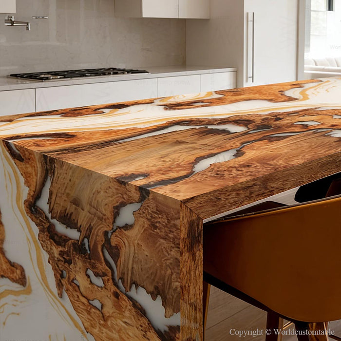 Luxury burl wood epoxy waterfall table resin detail