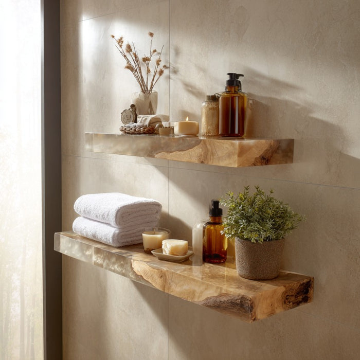 Luxury burl wood floating shelf featuring gray epoxy resin details.