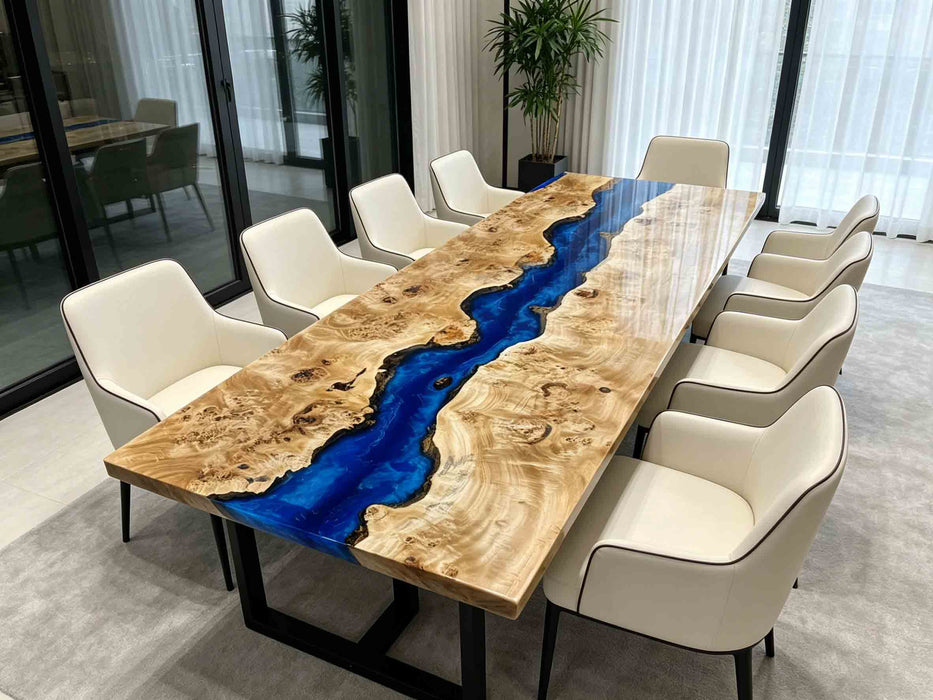 Contemporary epoxy river table combining natural poplar wood and blue resin