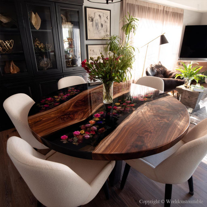 Luxury custom walnut epoxy resin table used as centerpiece in dining space