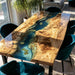 Luxury dining room table with poplar wood and blue epoxy centerpiece