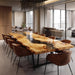Dining area with a large wooden table and chairs in a modern interior setting.