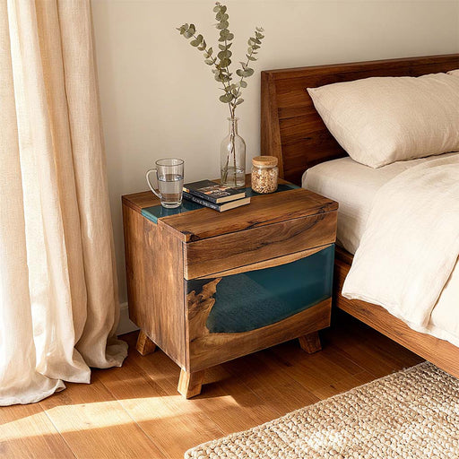 Luxury epoxy bedside table crafted from walnut and blue resin.