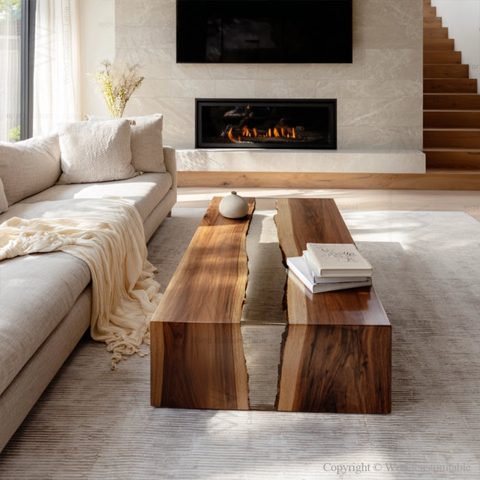 Luxury epoxy coffee table with clear resin and rich walnut texture