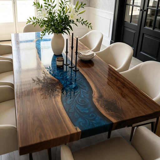 Luxury blue epoxy river dining table made from black walnut slab wood