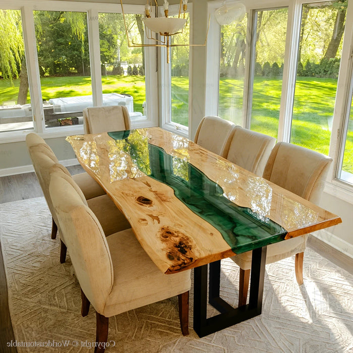 Luxury epoxy dining table integrated into contemporary home interior design