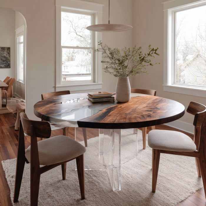 modern round wooden clear epoxy resin table for dinning & living spaces in california