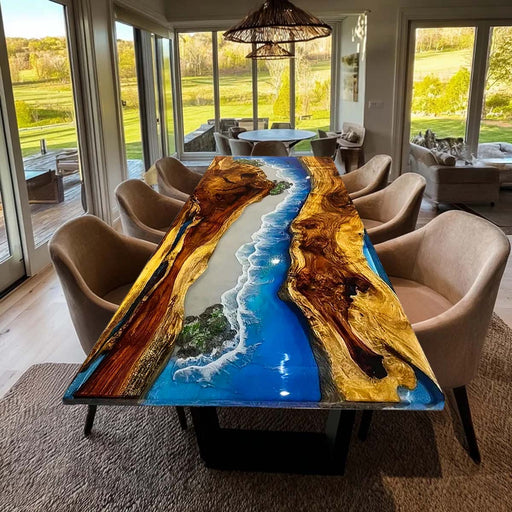 Dining room with a unique table design featuring natural wood and blue resin.