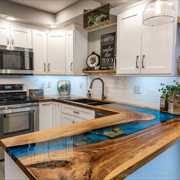Blue river epoxy resin wood table installed in modern kitchen interior design
