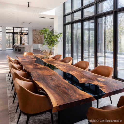 Large 10 seat conference table with black resin and walnut wood surface