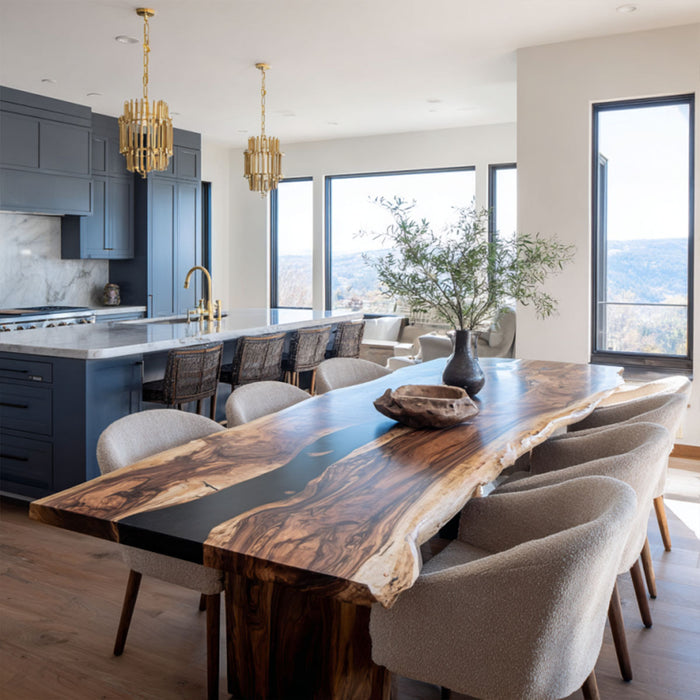 Luxury epoxy river table made from solid walnut wood for dining room.
