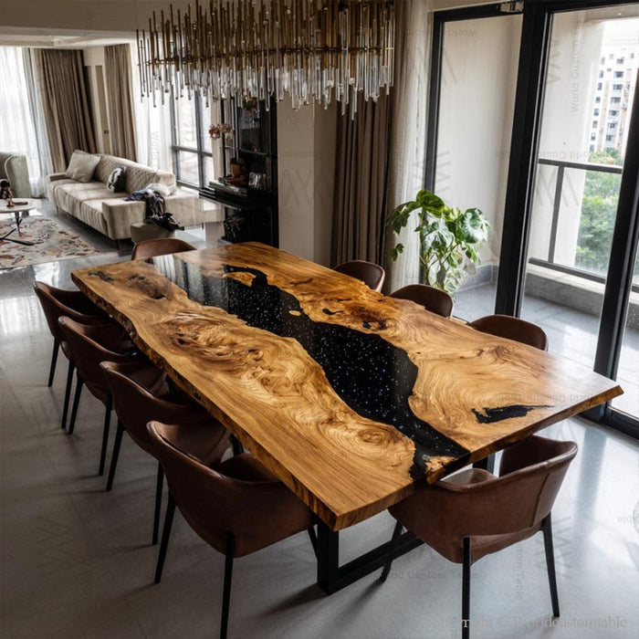 Dining area with a long wooden table and chairs in a modern living room.