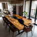 Dining area with a long wooden table and chairs in a modern living room.