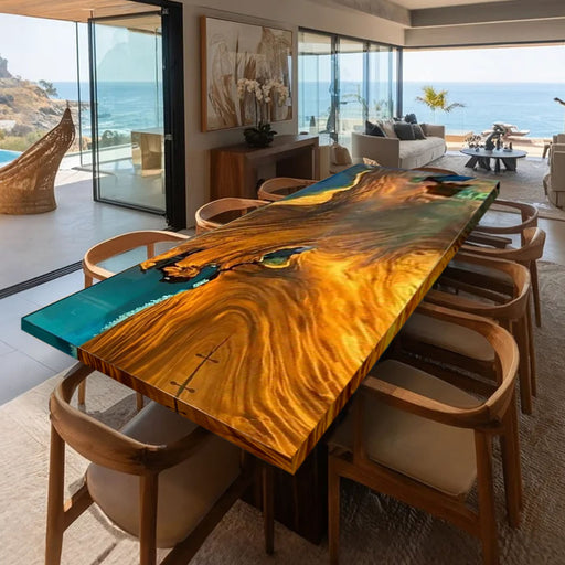 Dining area with a large wooden table and chairs in a modern home setting with ocean view.