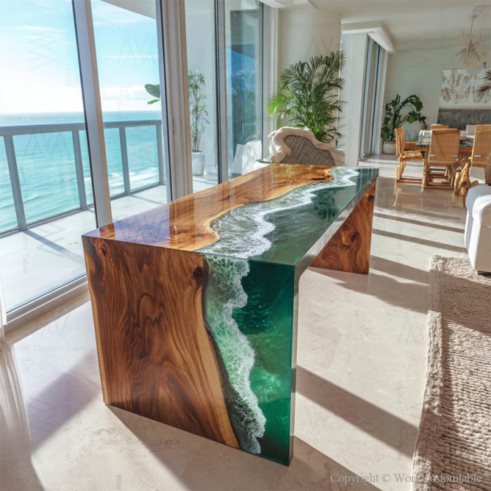 Luxury epoxy waterfall table as centerpiece in Miami-inspired living room