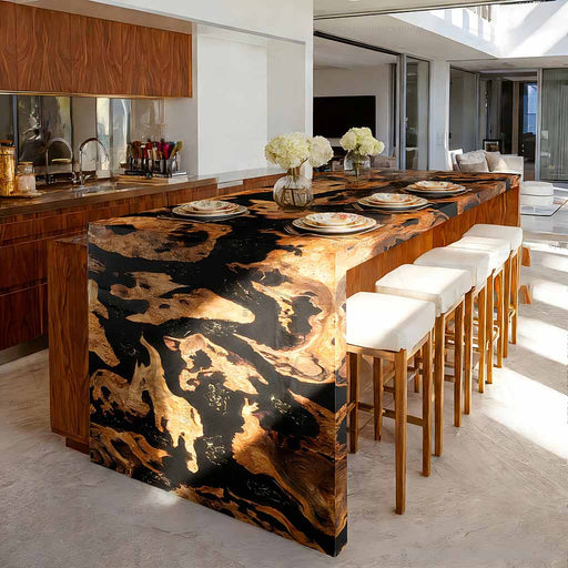 Luxury epoxy waterfall table styled in a modern interior space