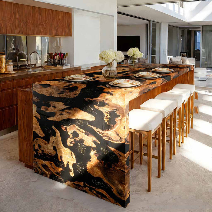 Luxury epoxy waterfall table styled in a modern interior space