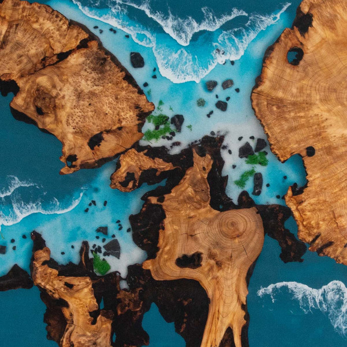 Luxury epoxy and wood table with beach-inspired resin art pattern