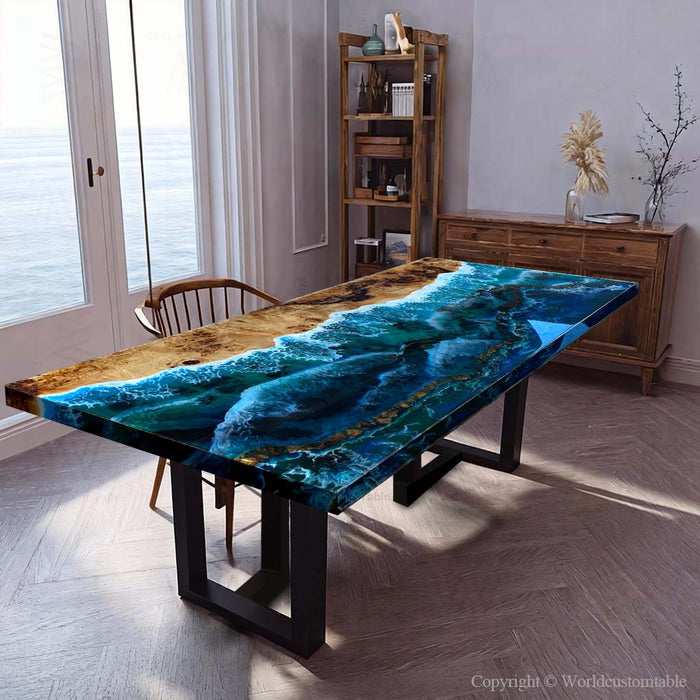 Dining table with a unique blue and green resin design in a modern living room.