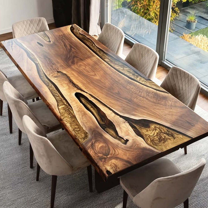 Luxury modern dining table made of solid walnut wood with gold metallic epoxy river pattern, durable high-gloss finish