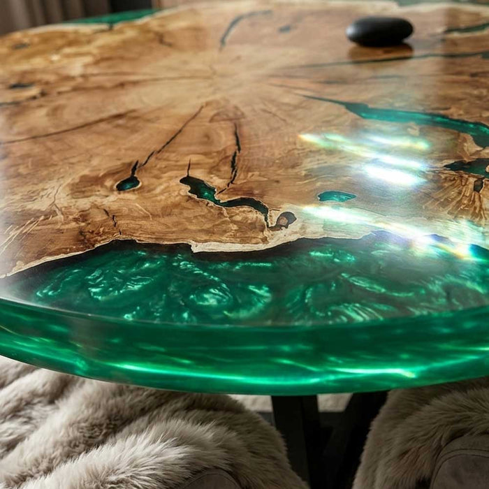 Luxury round coffee table showcasing rare olive burl wood and a high-gloss green epoxy resin finish