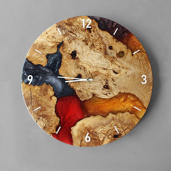 Luxury handmade wall clock with olive wood and purple resin art