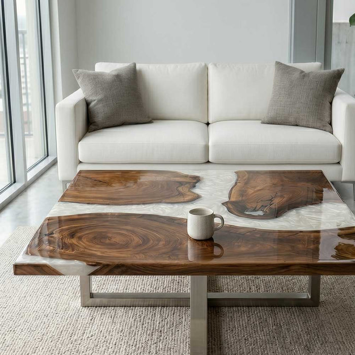 A high-end custom furniture piece showing the contrast between dark walnut timber and white resin flow.