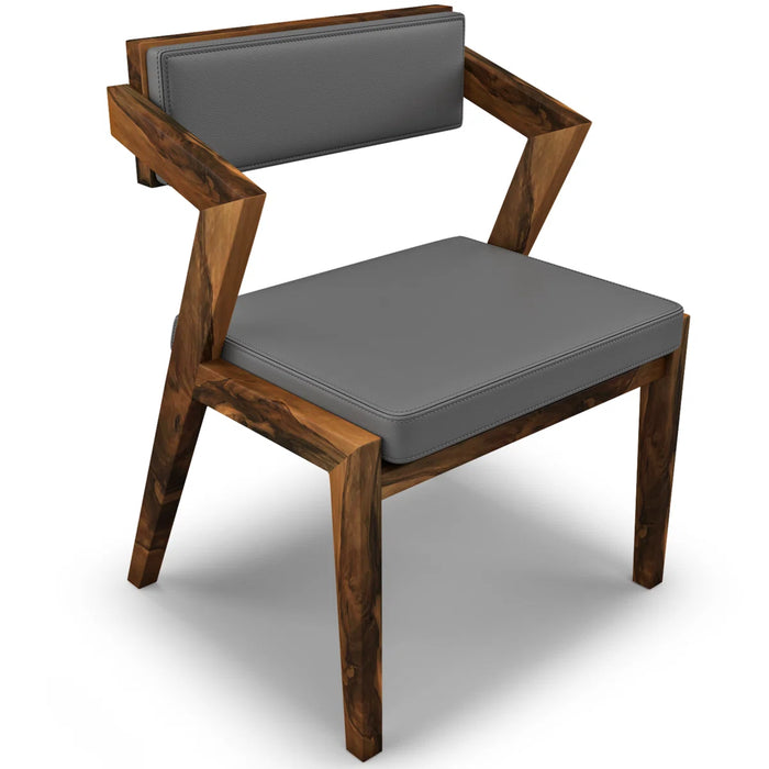 Wooden chair with gray cushions on a white background