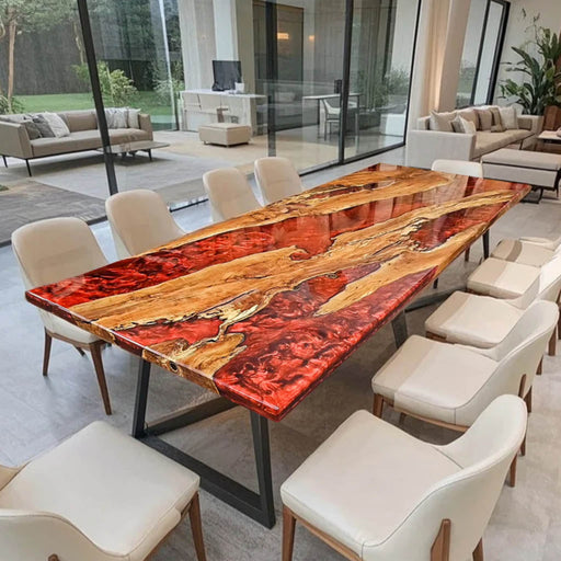 Luxury live edge olive wood and red epoxy resin table in a modern dining room