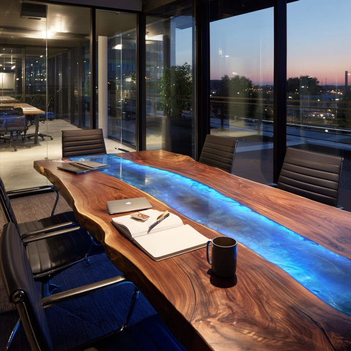Modern conference room with a long wooden table and chairs, featuring a glowing blue center.