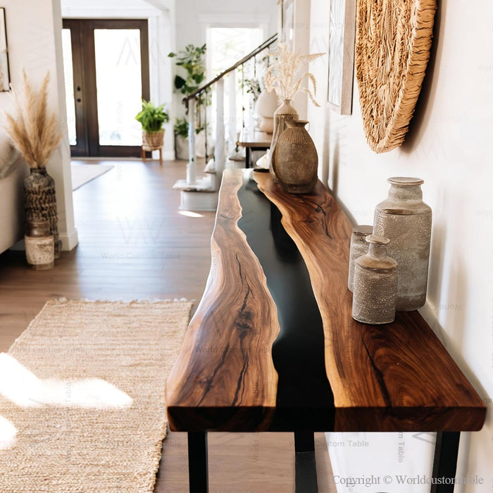 Luxury black resin epoxy console table in modern home interior