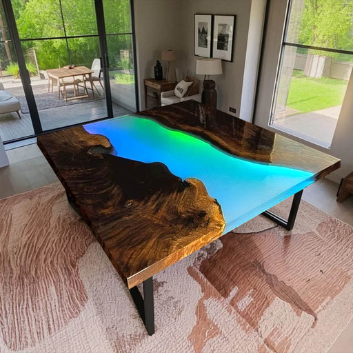 Luxury walnut LED resin table for contemporary home decor