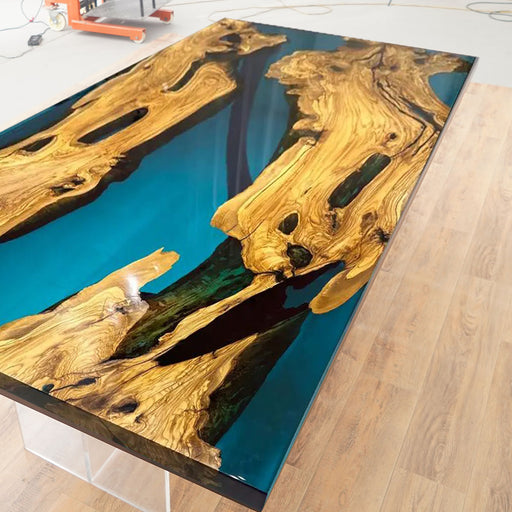 Luxury Olive Wood and Blue Resin Dining Table Handmade