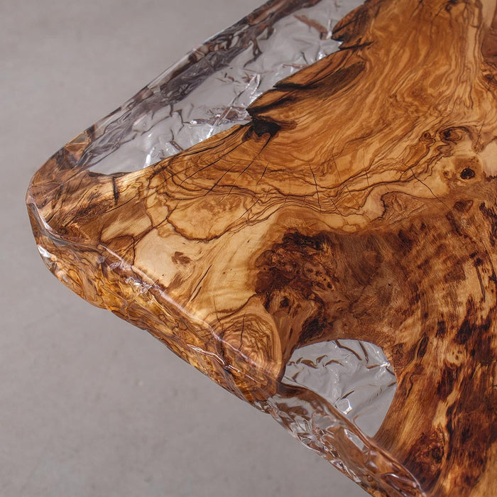Luxury epoxy river table with olive wood and ice glass resin for dining room