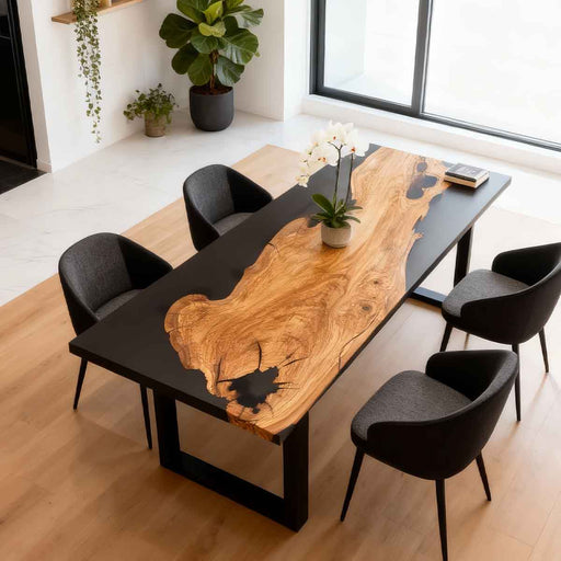 Dining table with black and wood design in a modern room with chairs and plants.