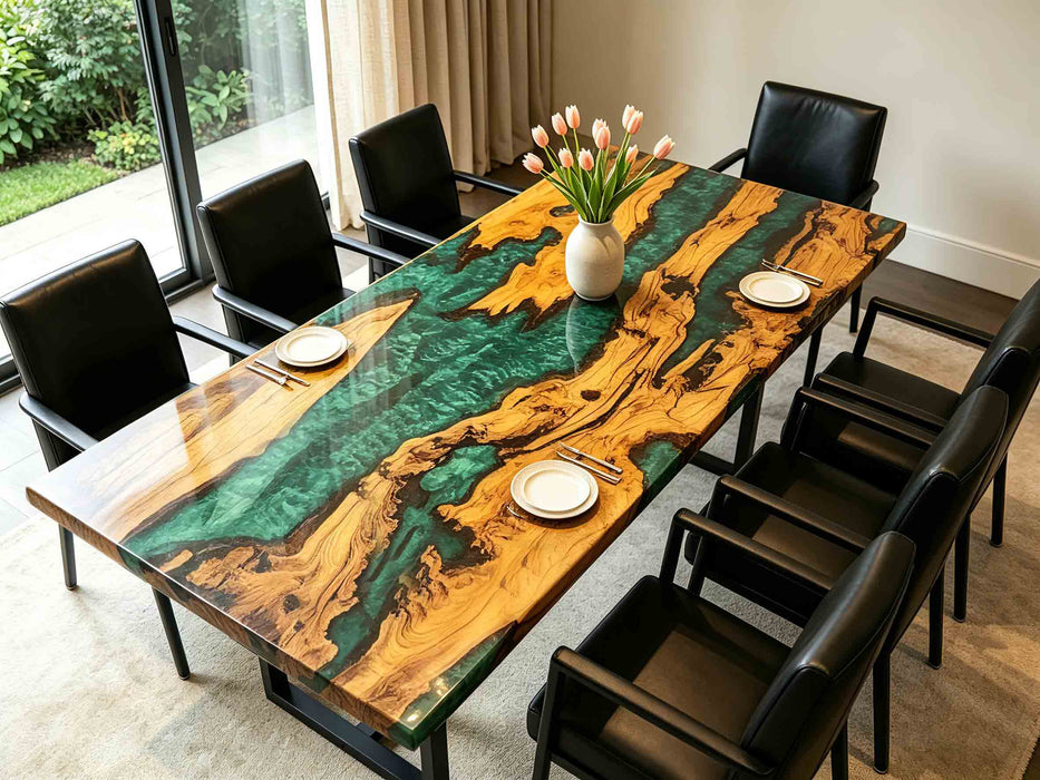 High-end handmade olive wood table with green resin river detail