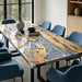 Modern silver epoxy olive dining table with premium handcrafted river tabletop
