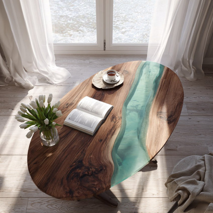 Wooden coffee table with a green resin finish, book, and flowers in a room with large windows.