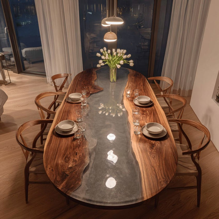 elegant wooden gray epoxy dinning table for kitchen & living rooms in miami