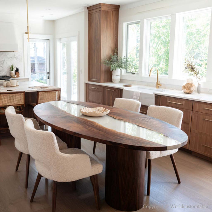 Luxury oval epoxy dining table set in an elegant dining room designed for six to eight seats