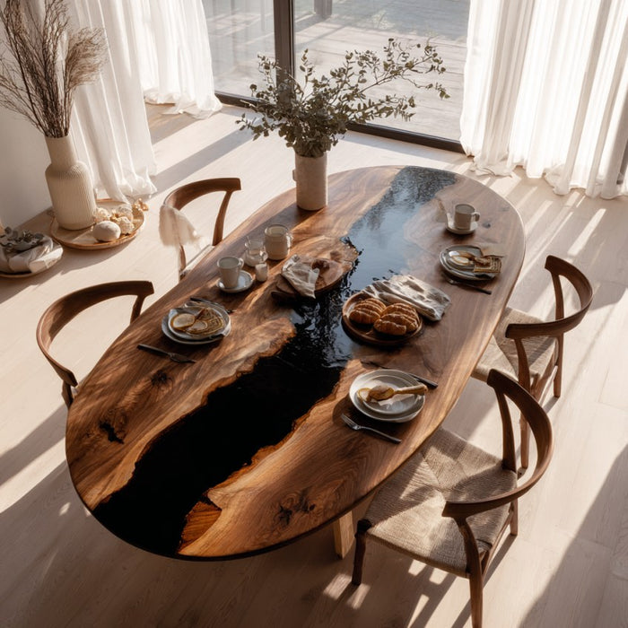 wooden epoxy dinning table for dinning spaces in new york