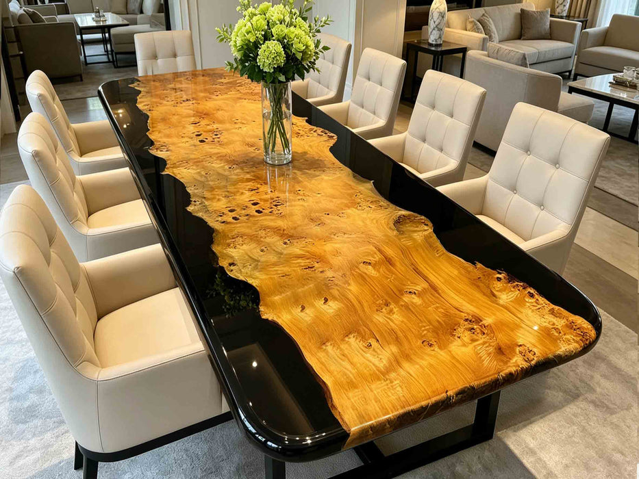 Custom live edge poplar dining table with black epoxy resin top for upscale modern spaces