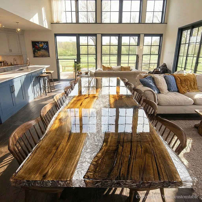 Custom luxury walnut river table used as a high-end office conference table near a window.
