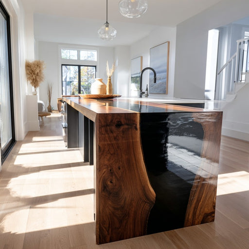 Modern kitchen with a wooden island and black countertop