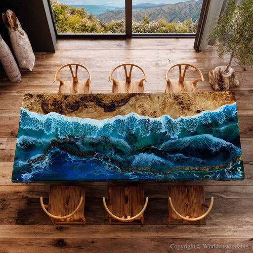 Luxury resin and wood table with glowing ocean design, perfect for modern dining rooms and upscale restaurants.
