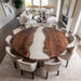 Top view of luxury round epoxy dining table with walnut wood grain