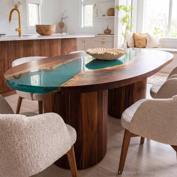 Luxury teal epoxy dining table for a modern dining room