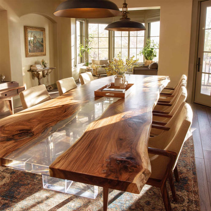 warm black walnut clear epoxy resin table for family gathering in san francisco