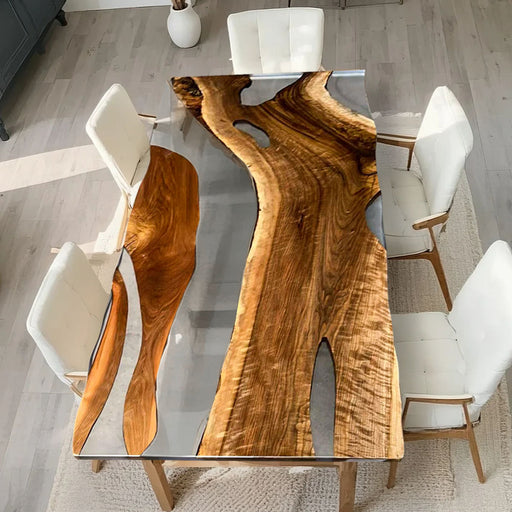 Luxury walnut dining table with crystal clear epoxy resin